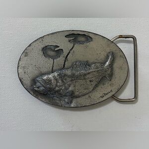 Vintage 1970s ***Fish Swimming in Lily Pads***Pewter Belt Buckle DePaolis